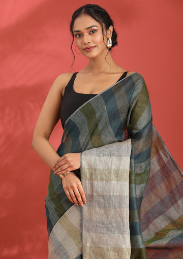Green Linen Woven Saree