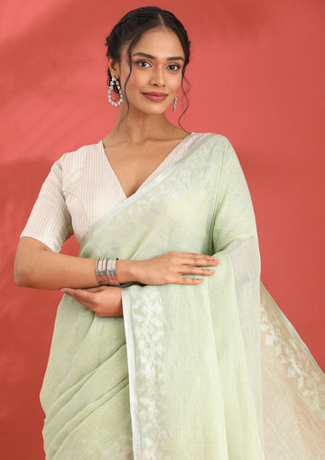 Pastel Green Linen Woven Saree