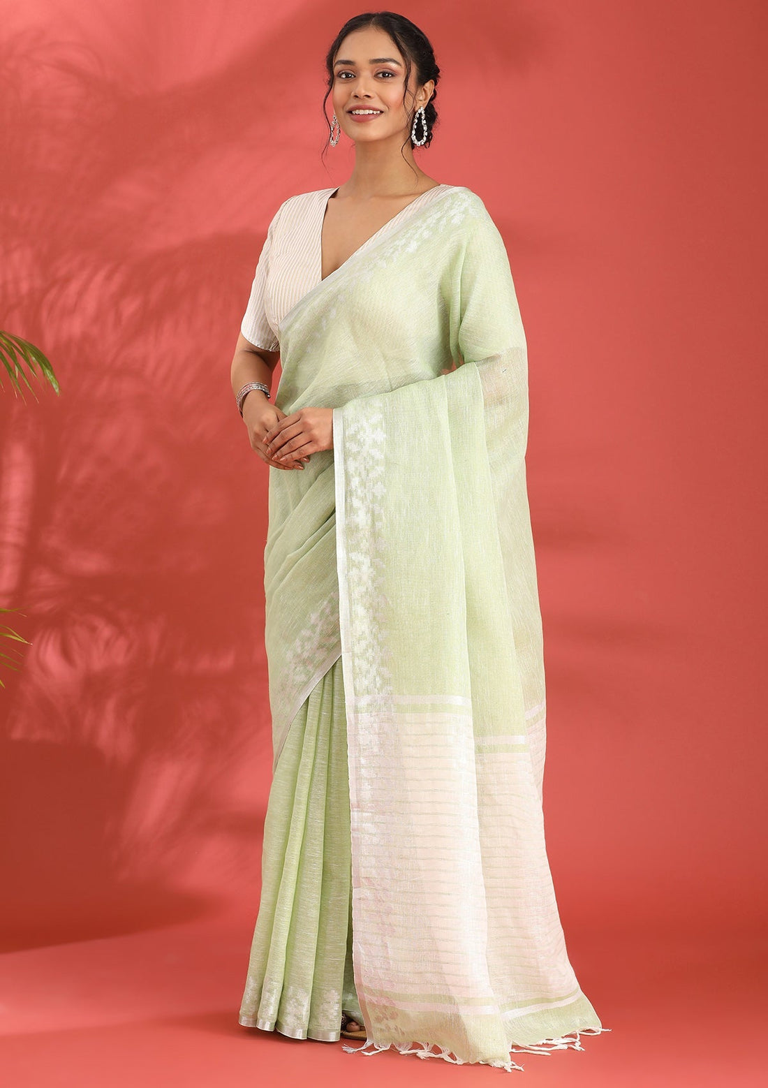Pastel Green Linen Woven Saree