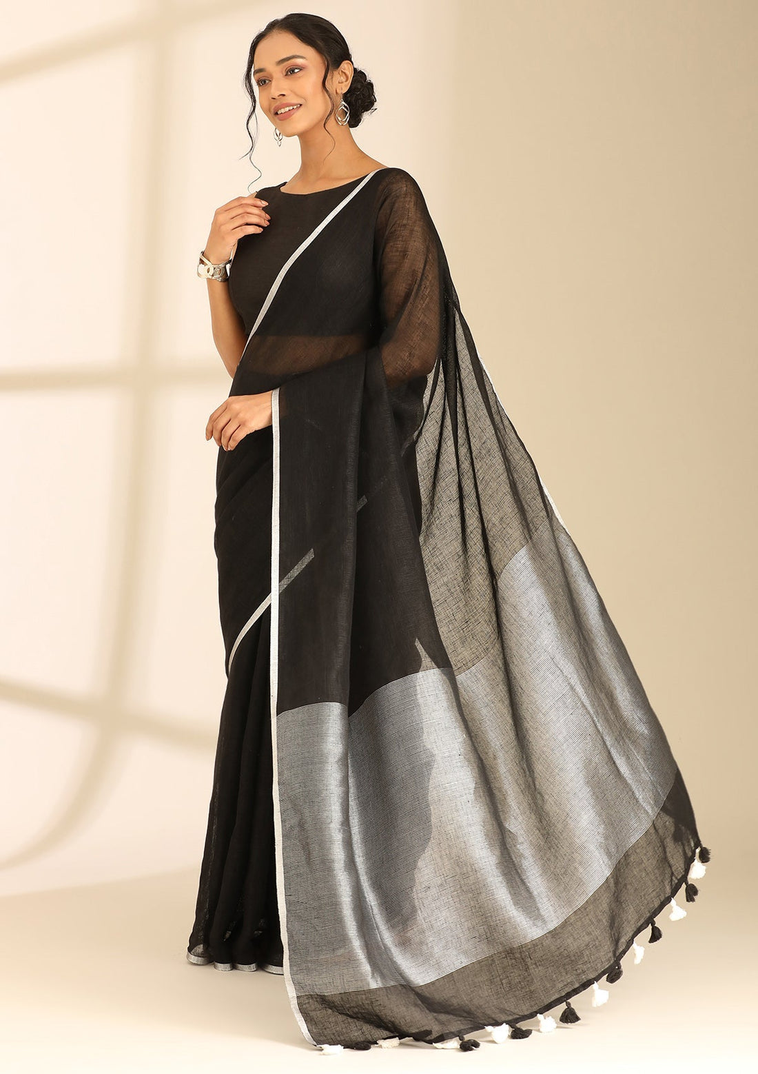 Black Linen Woven Saree