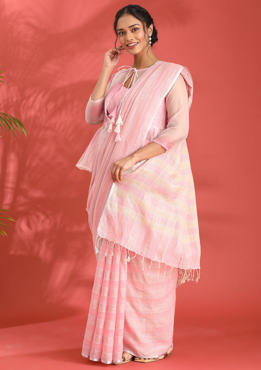 Blush Pink Linen Woven Saree