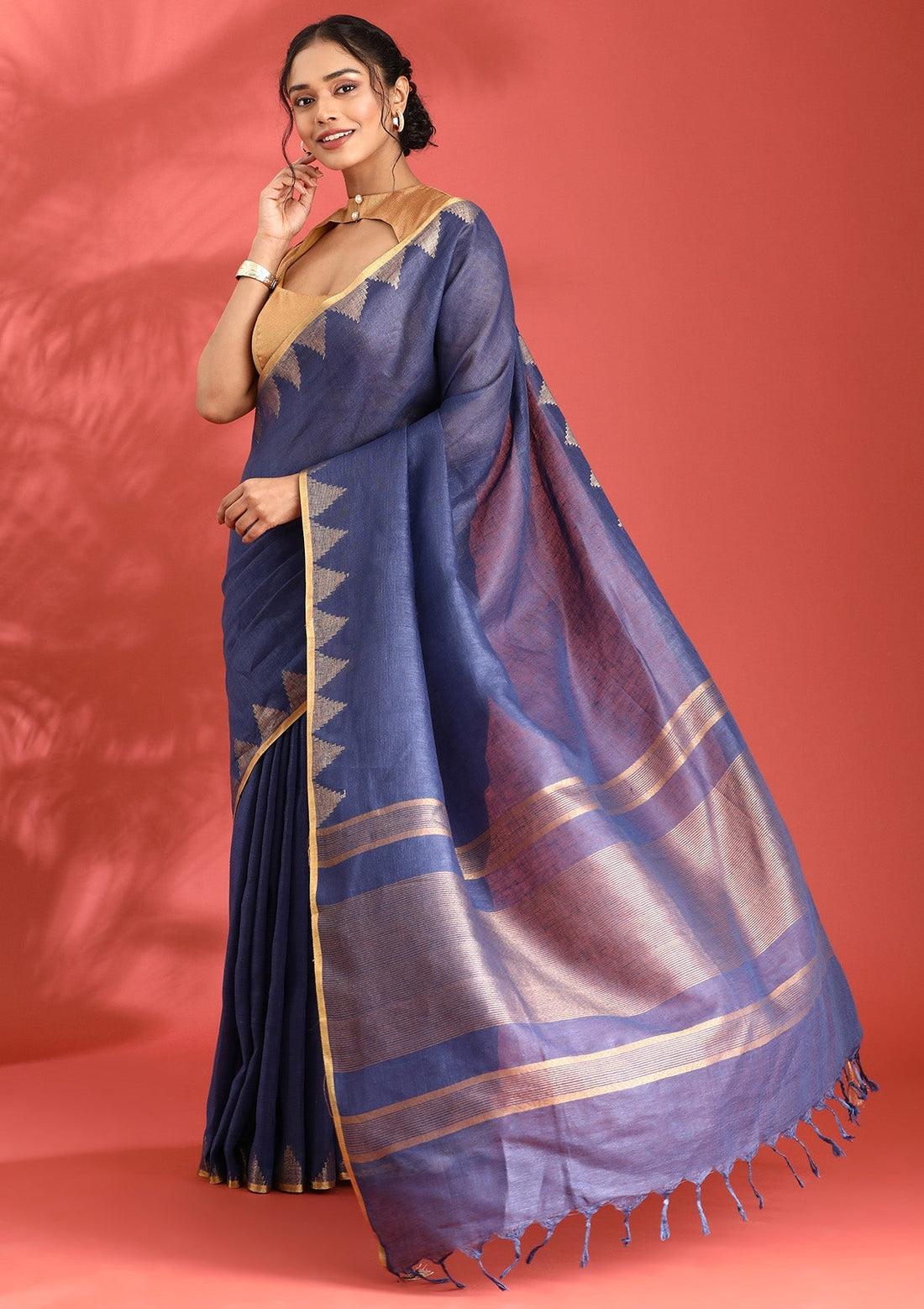 Navy Blue Linen Woven Saree