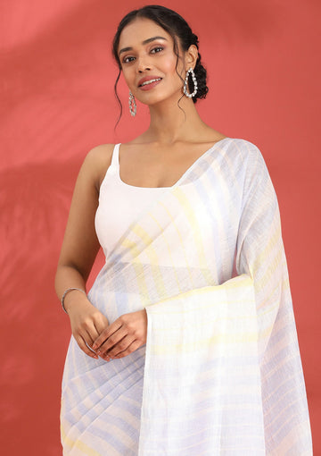 Off White Linen Woven Saree