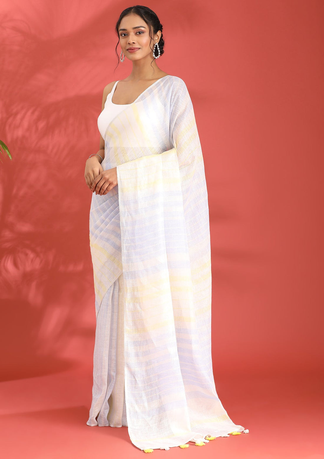 Off White Linen Woven Saree