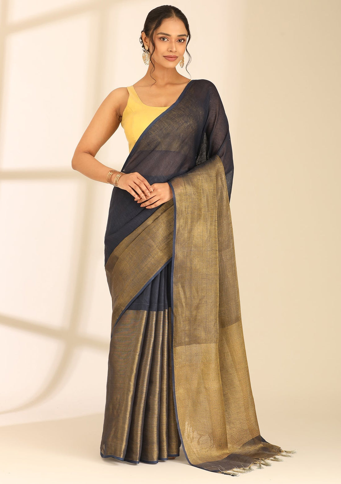 Navy Blue Linen Woven Saree