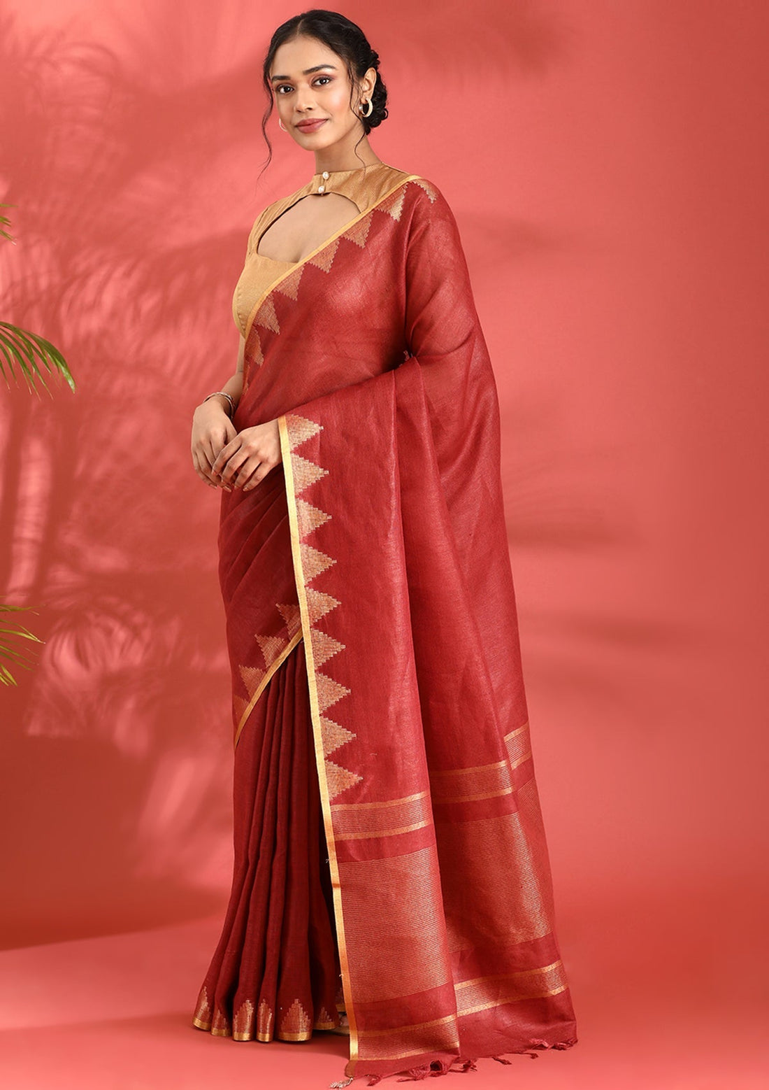 Maroon Linen Woven Saree