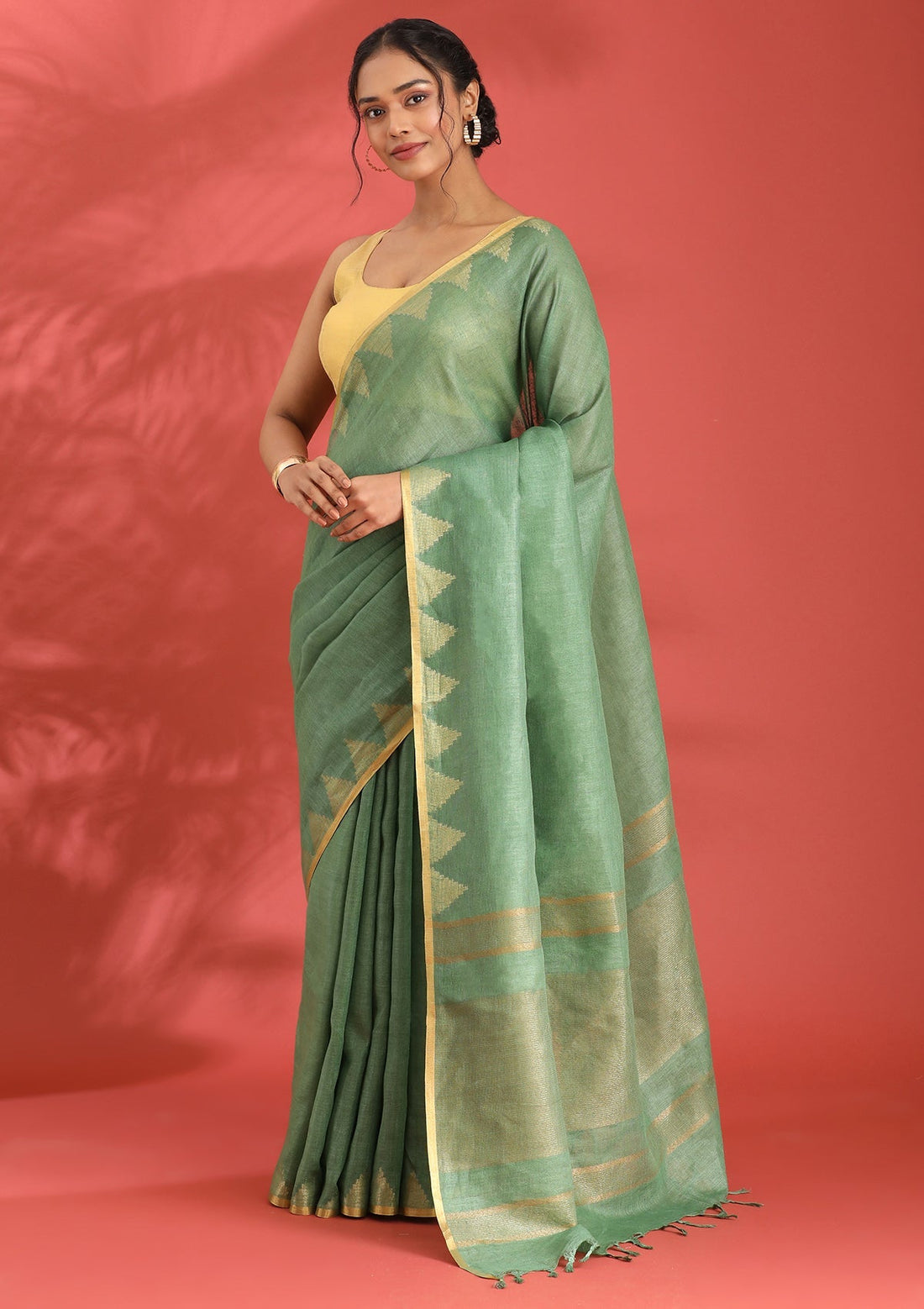 Leaf Green Linen Woven Saree