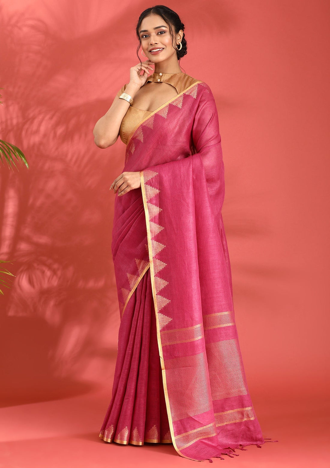 Magenta Linen Woven Saree