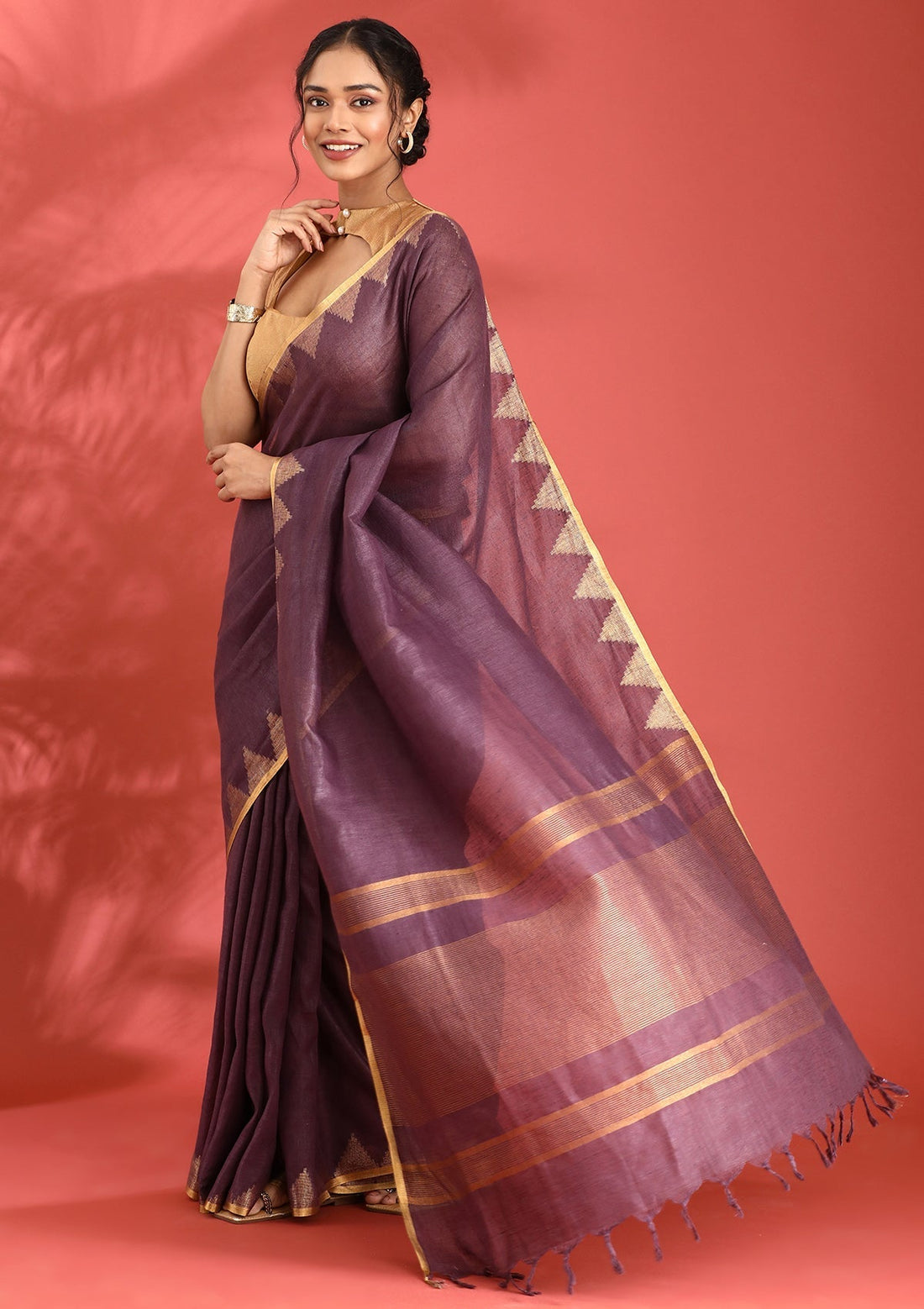 Plum Linen Woven Saree