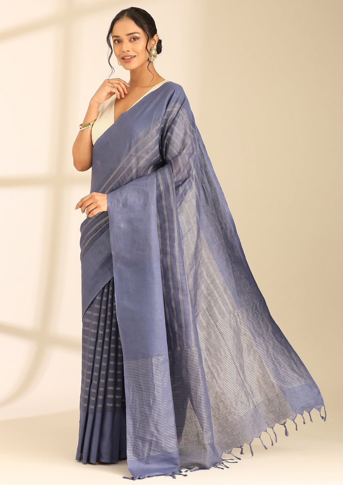Navy Blue Linen Woven Saree