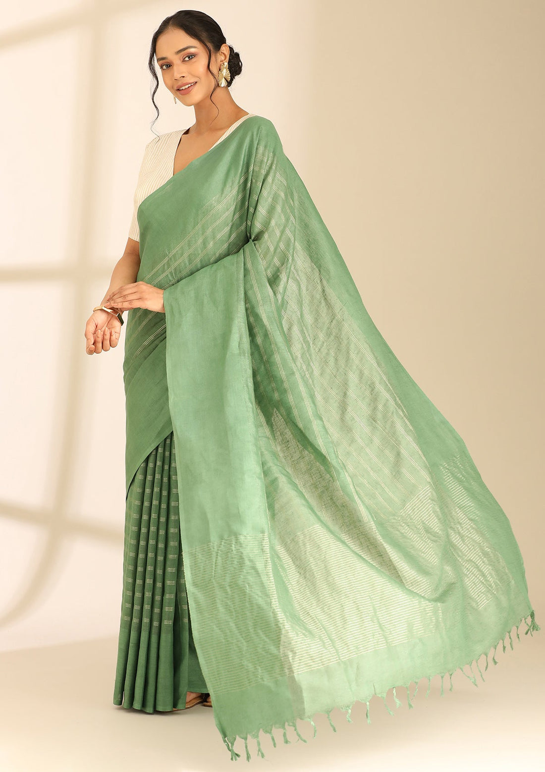 Forest Green Linen Woven Saree