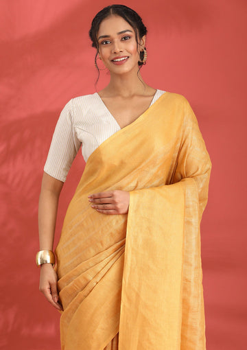 Mustard Yellow Linen Woven Saree