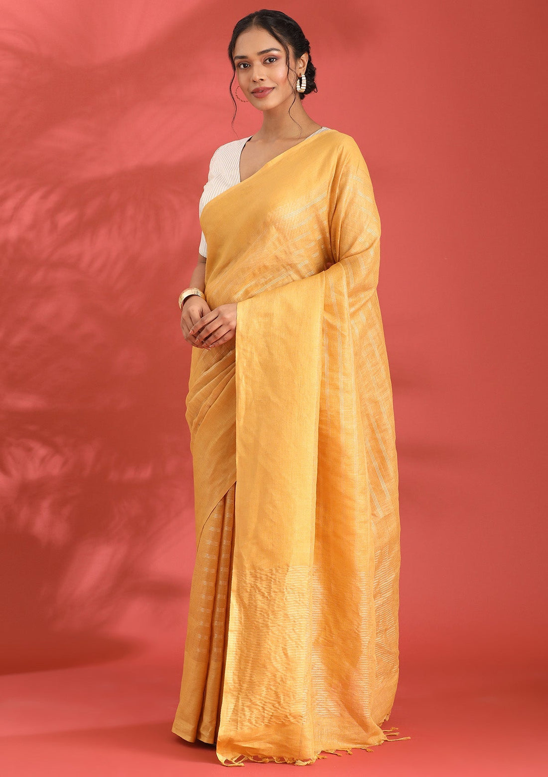 Mustard Yellow Linen Woven Saree