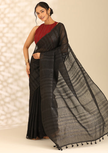 Black Linen Woven Saree