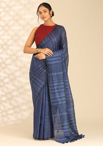 Navy Blue Linen Woven Saree