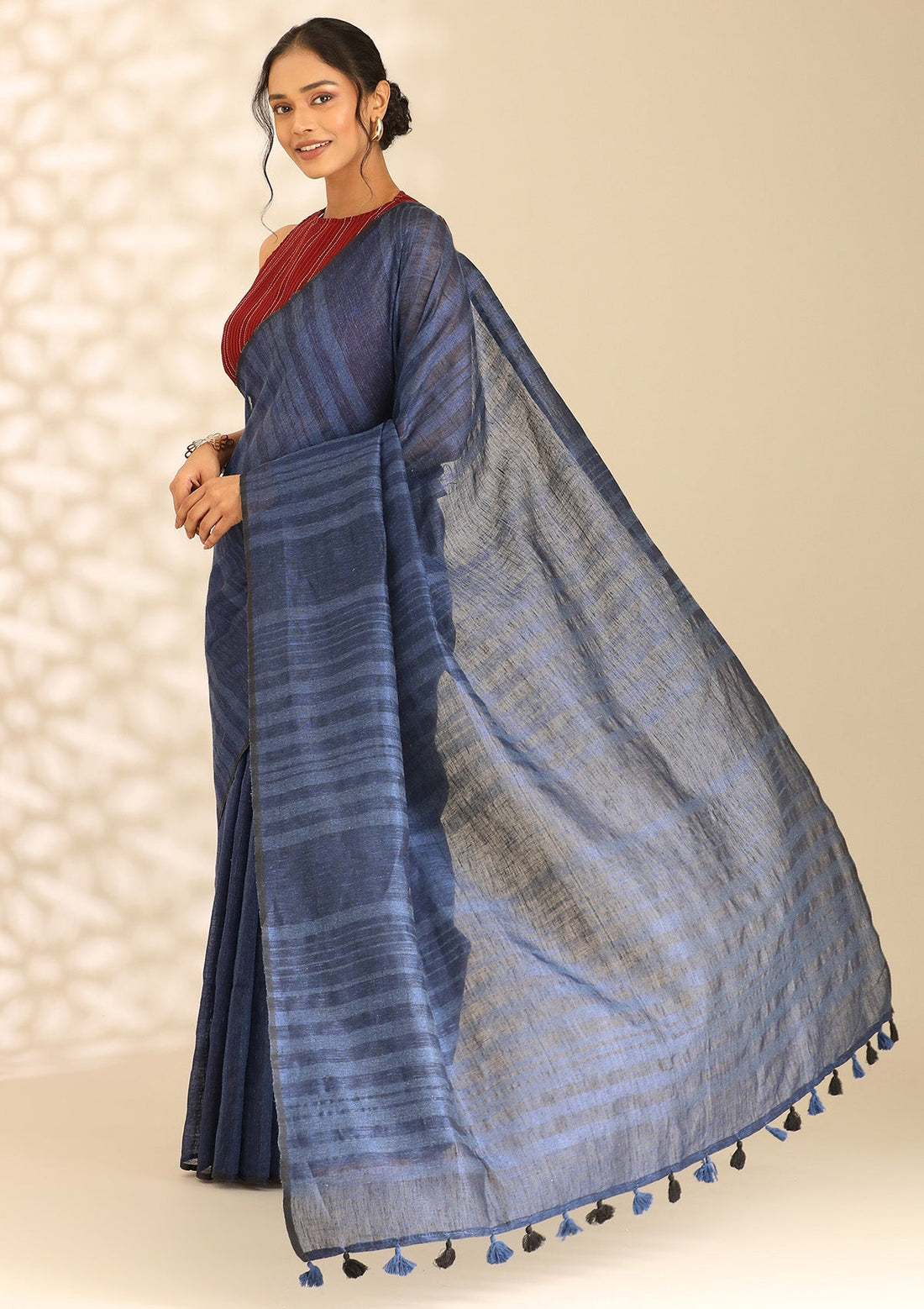 Navy Blue Linen Woven Saree