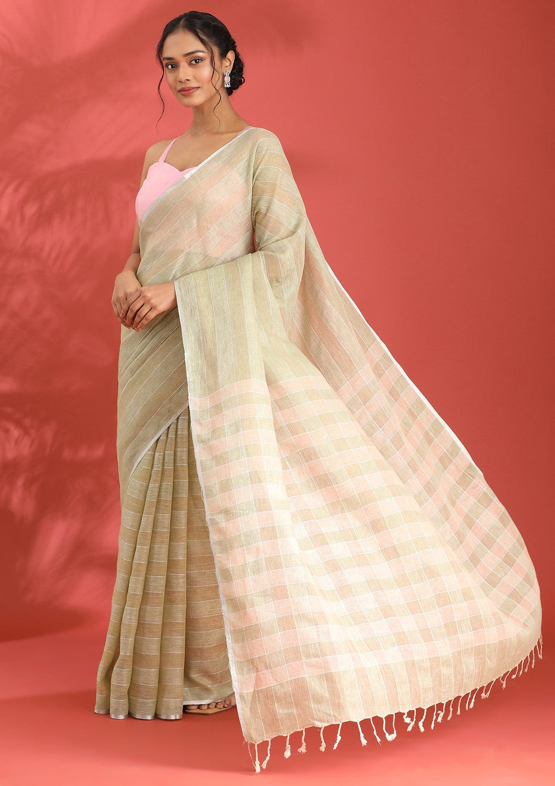 Pastel Green Linen Woven Saree