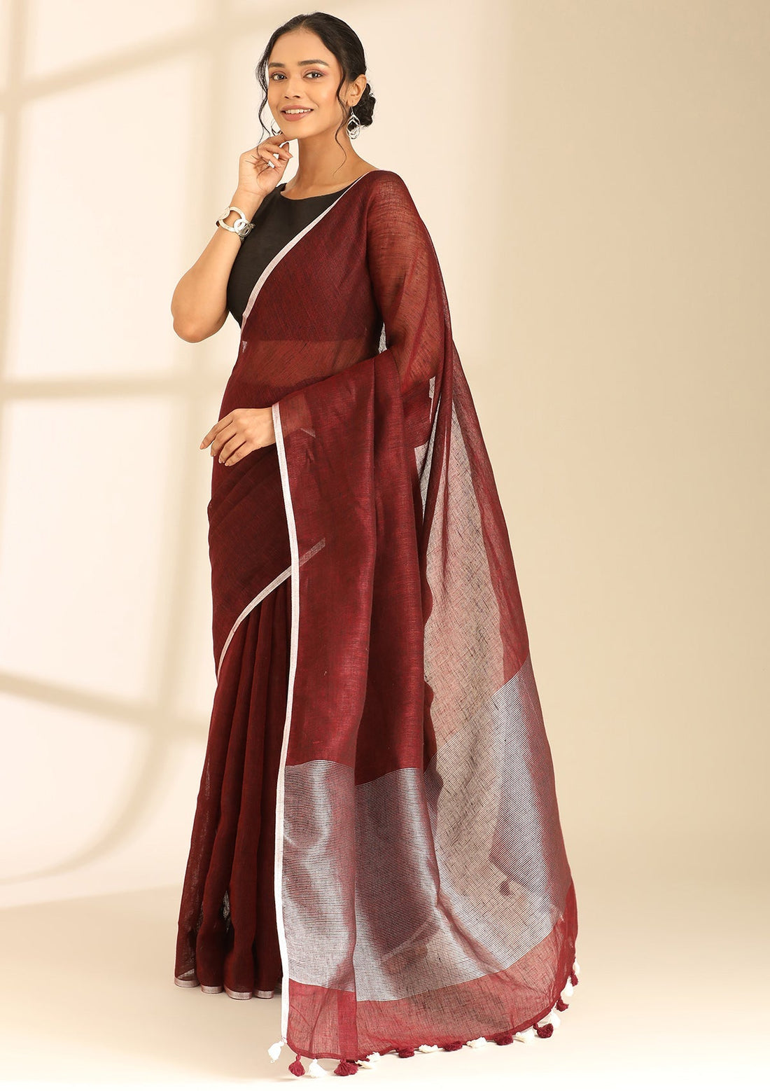Maroon Linen Woven Saree