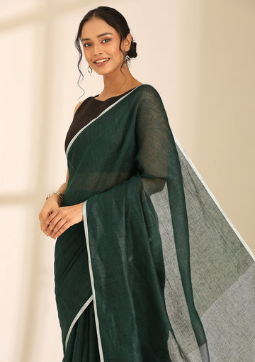Emerald Green Linen Woven Saree