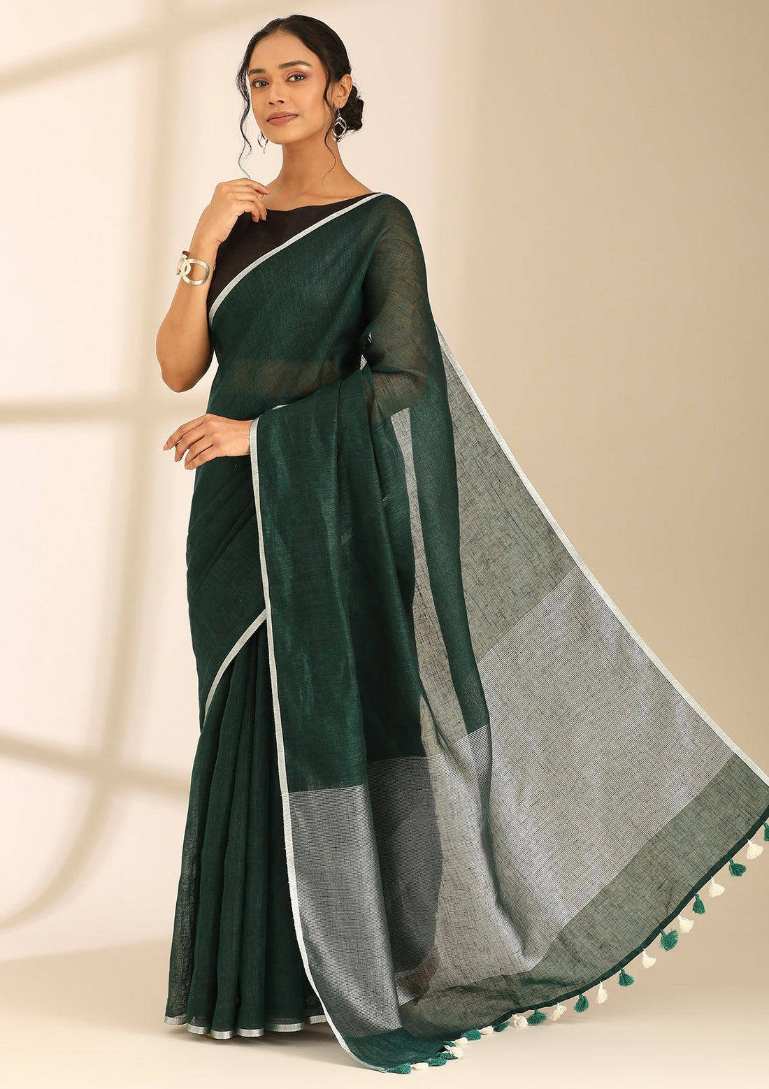 Emerald Green Linen Woven Saree