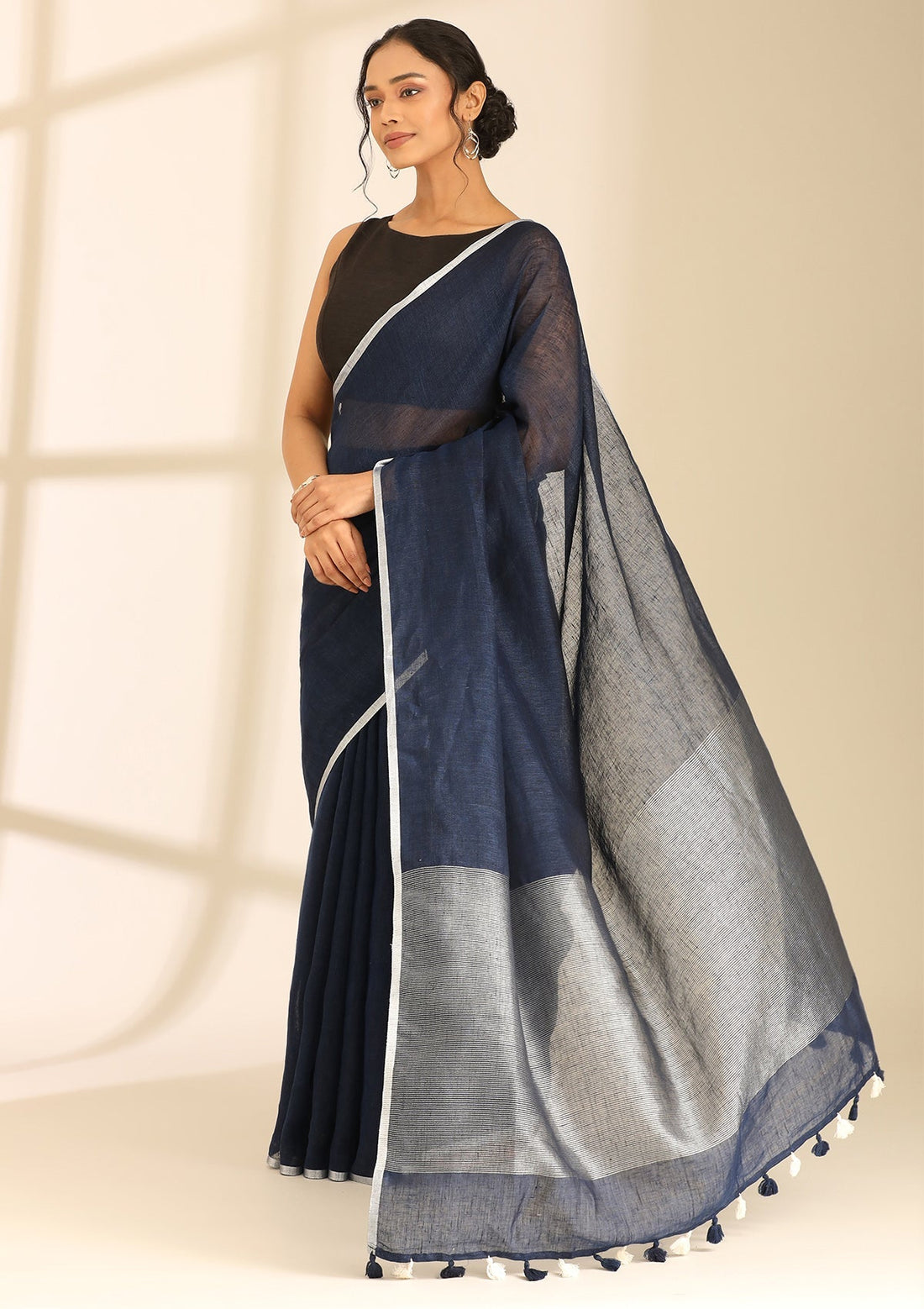 Navy Blue Linen Woven Saree
