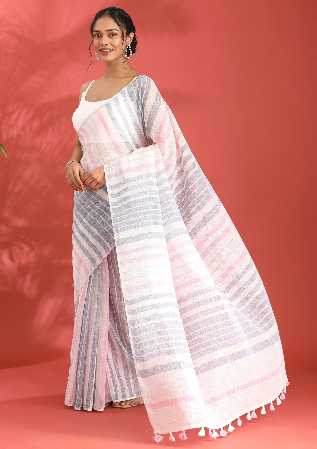 Off White Linen Woven Saree