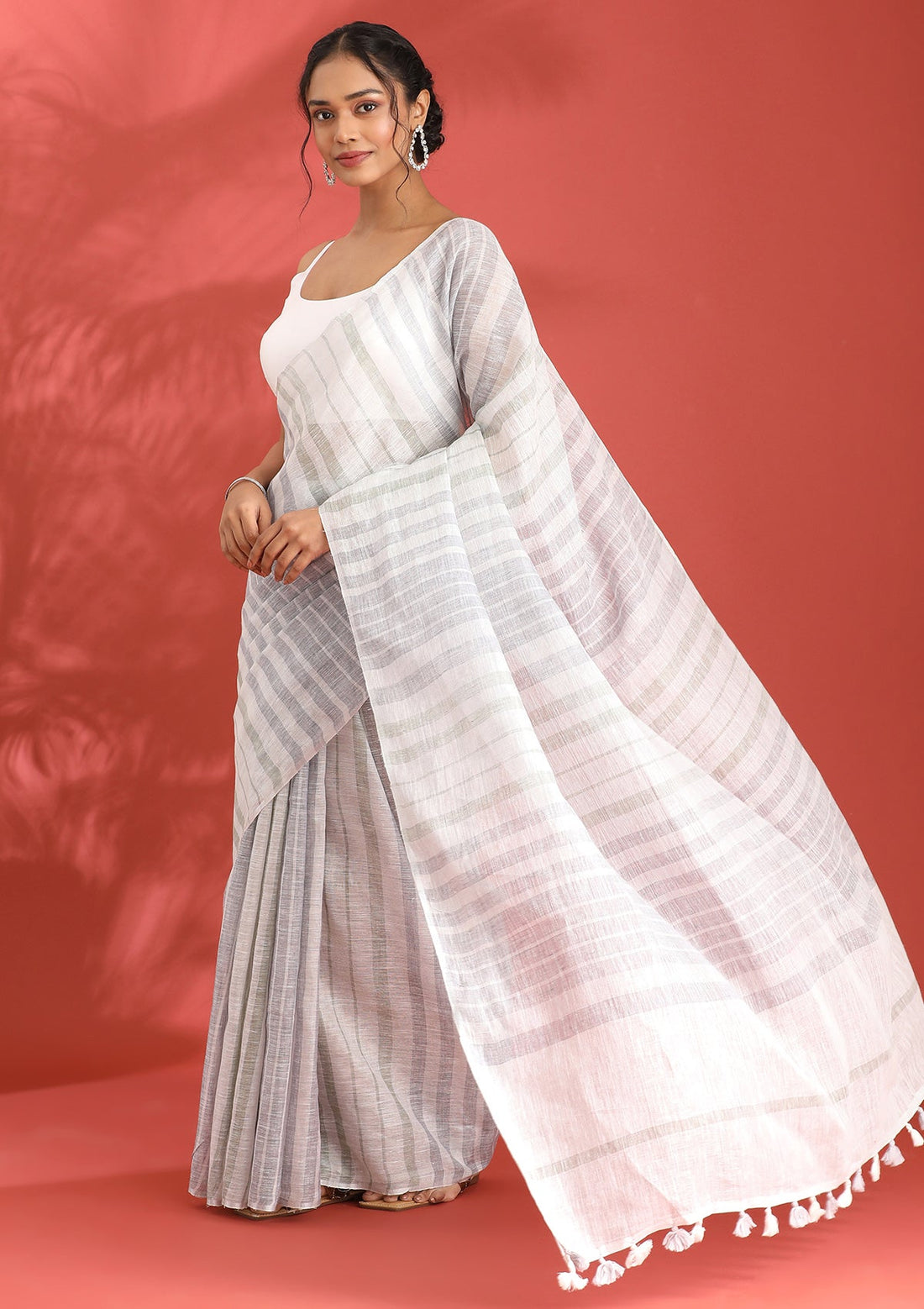 Off White Linen Woven Saree