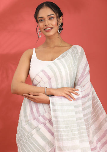 Off White Linen Woven Saree