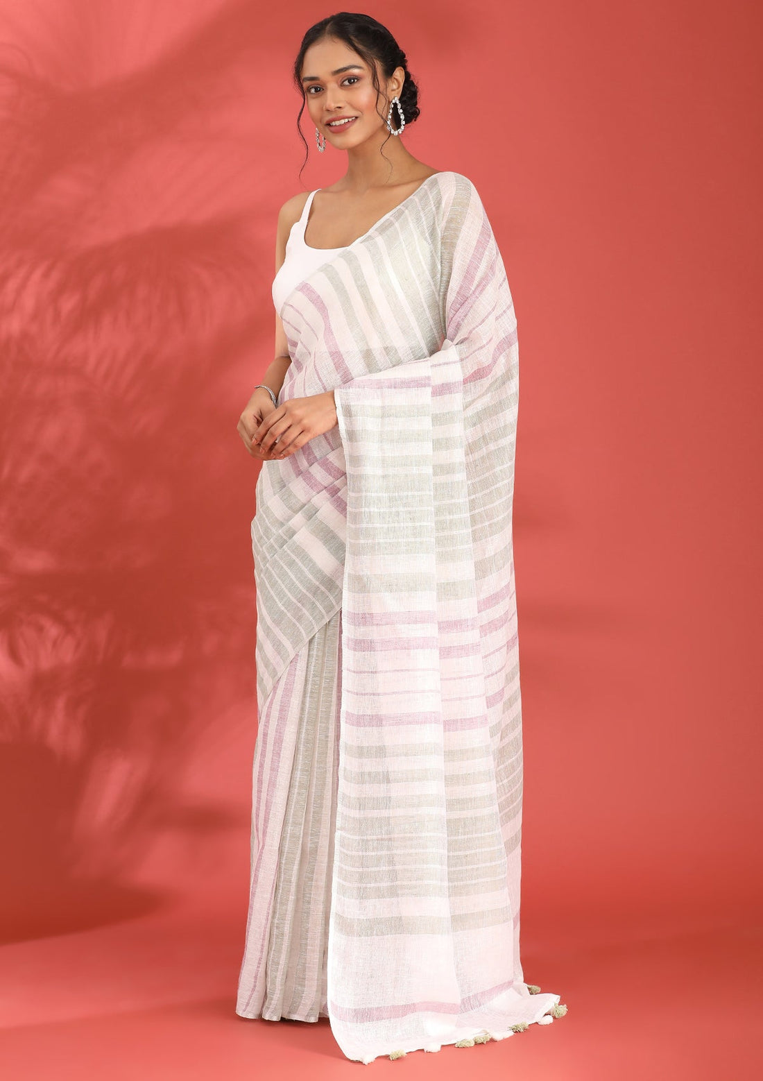 Off White Linen Woven Saree