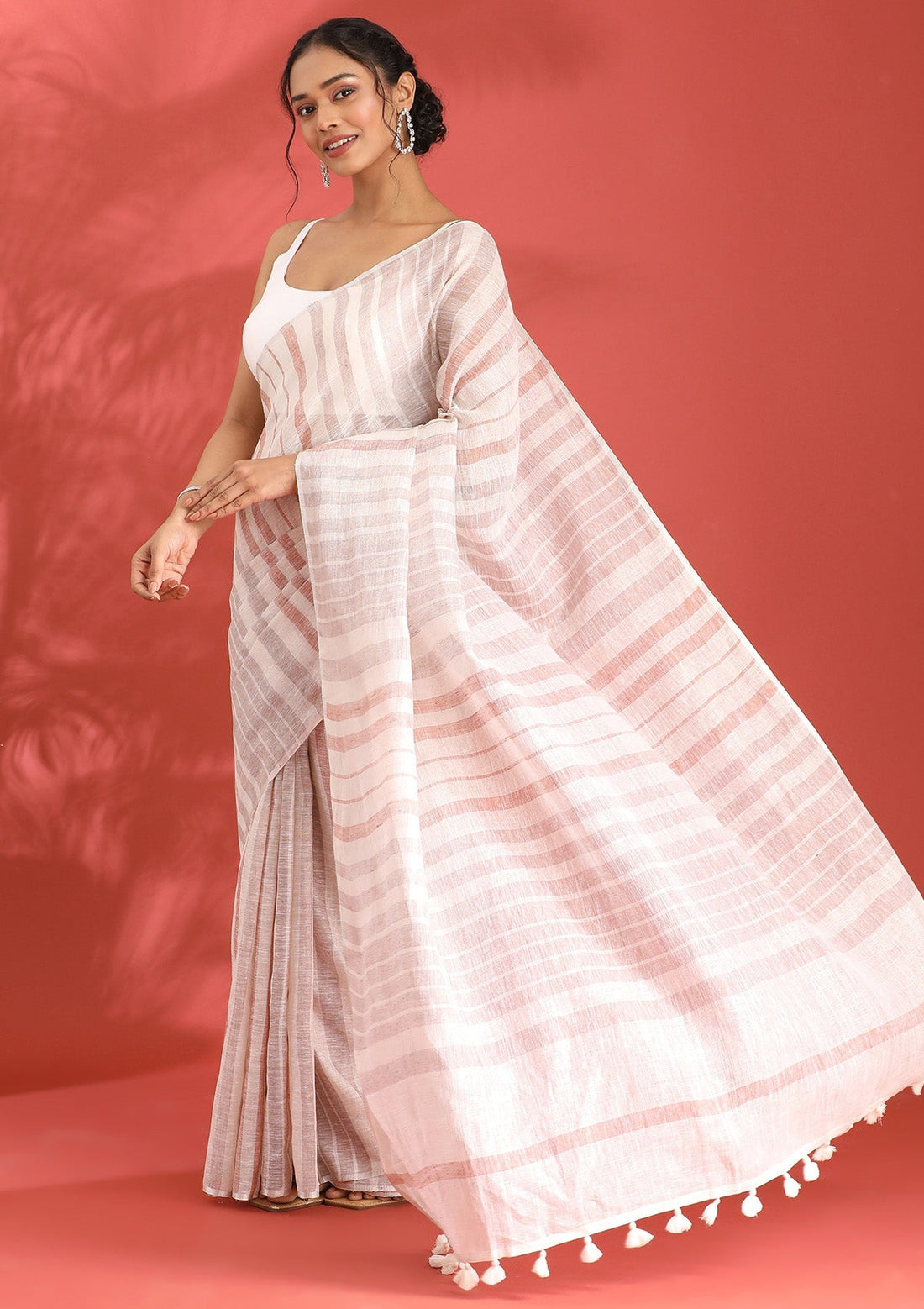 Off White Linen Woven Saree