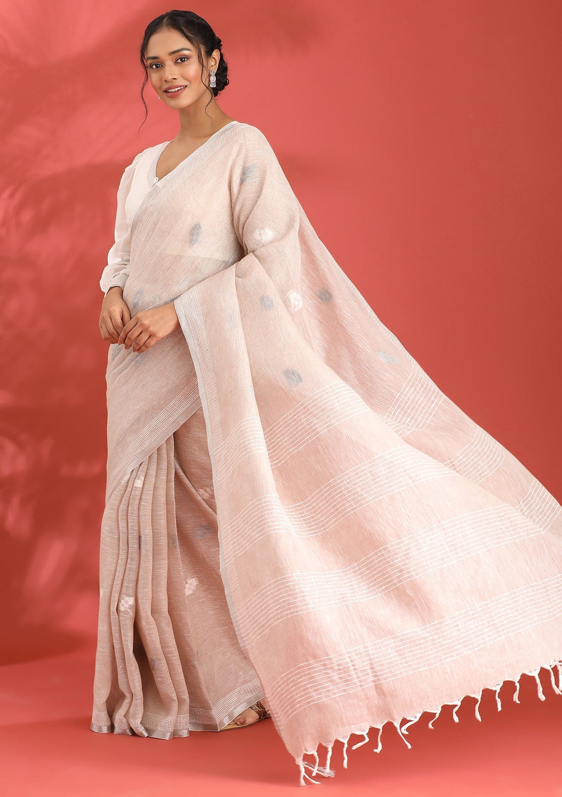 Beige Linen Woven Saree