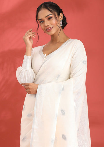 Off White Linen Woven Saree