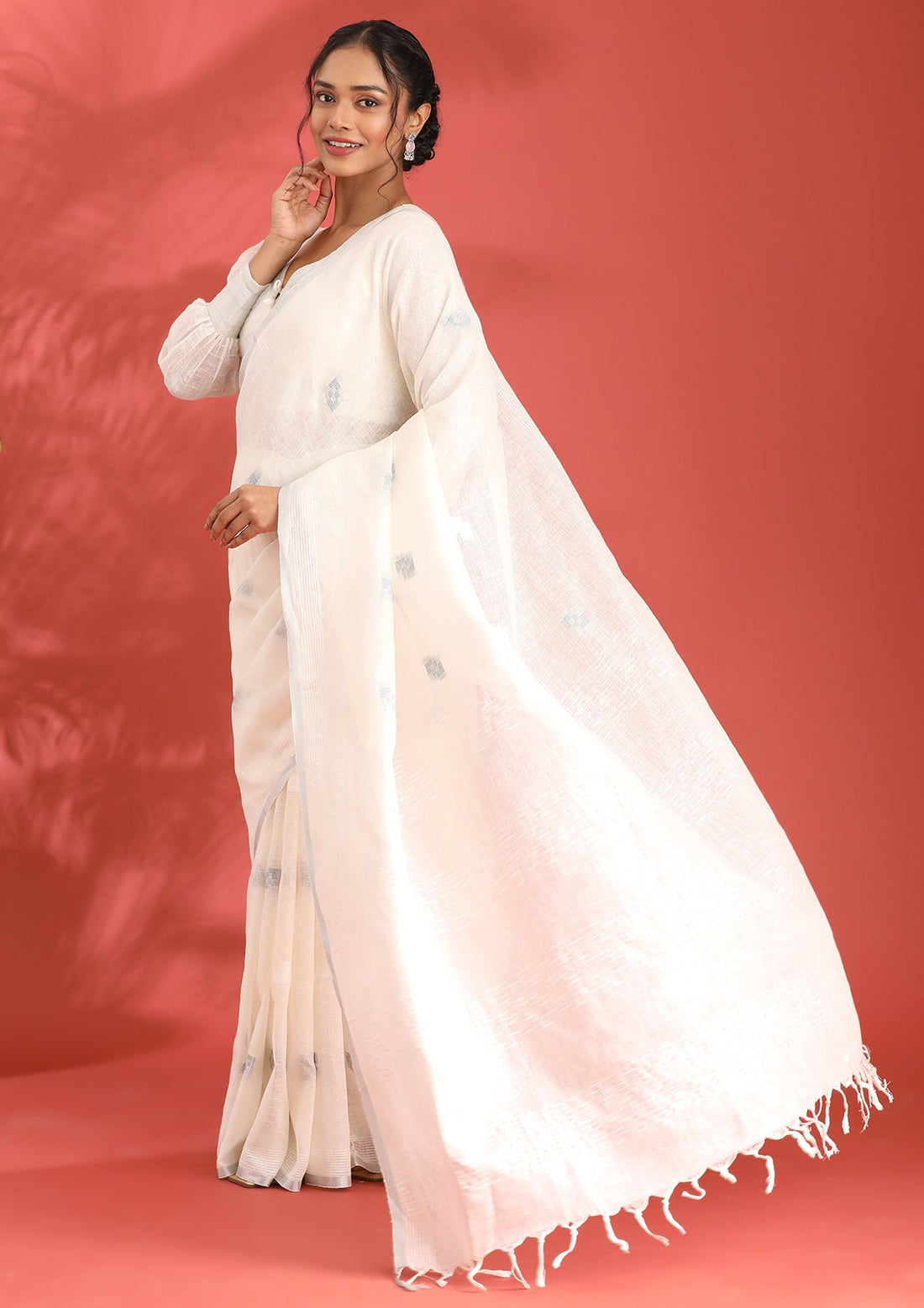 Off White Linen Woven Saree