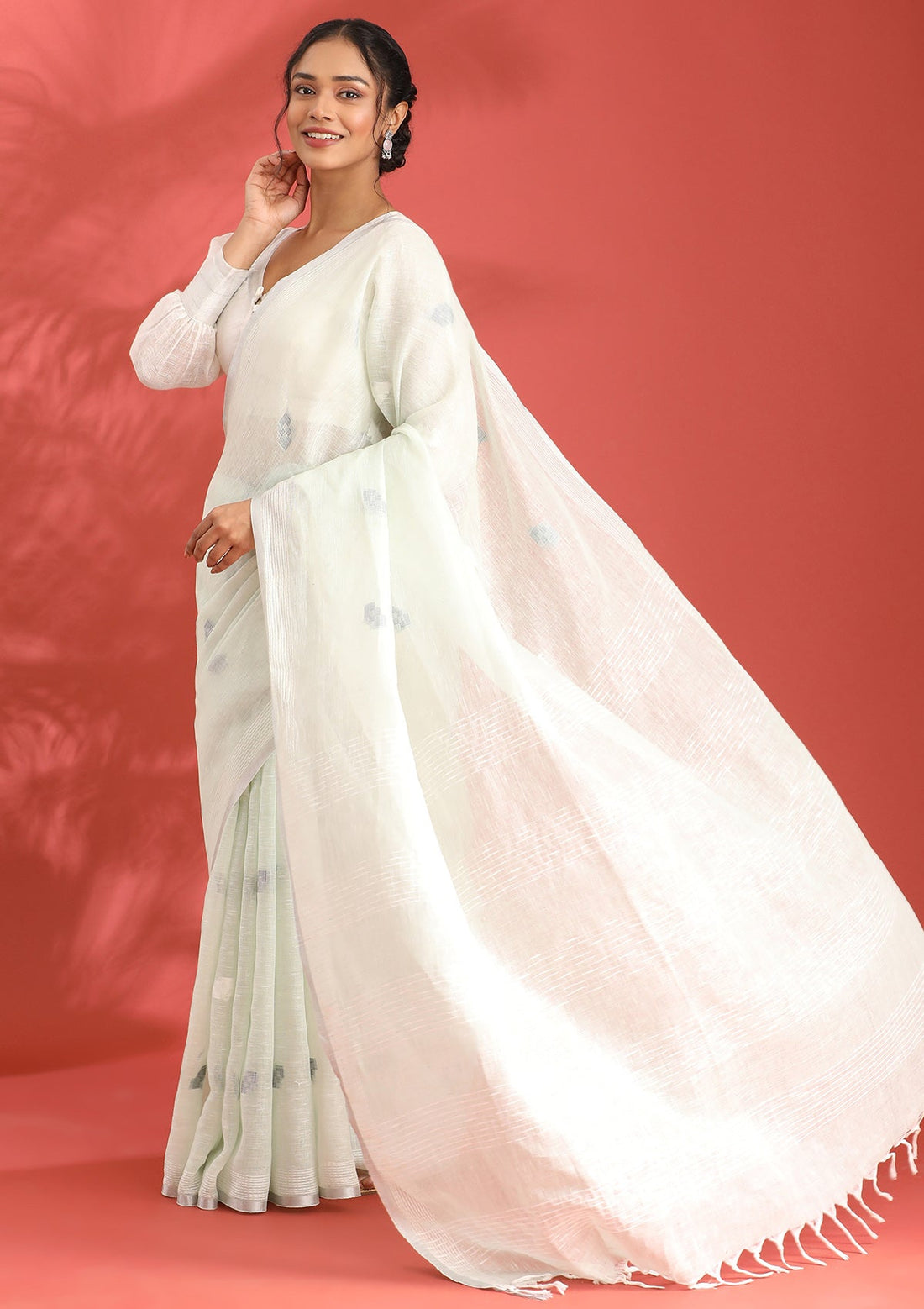 Pastel Mint Green Linen Woven Saree