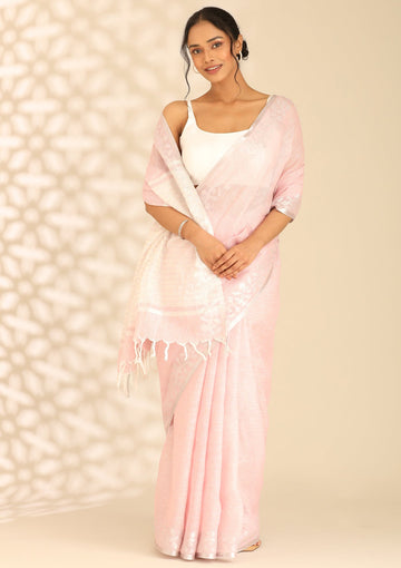 Pastel Pink Linen Woven Saree