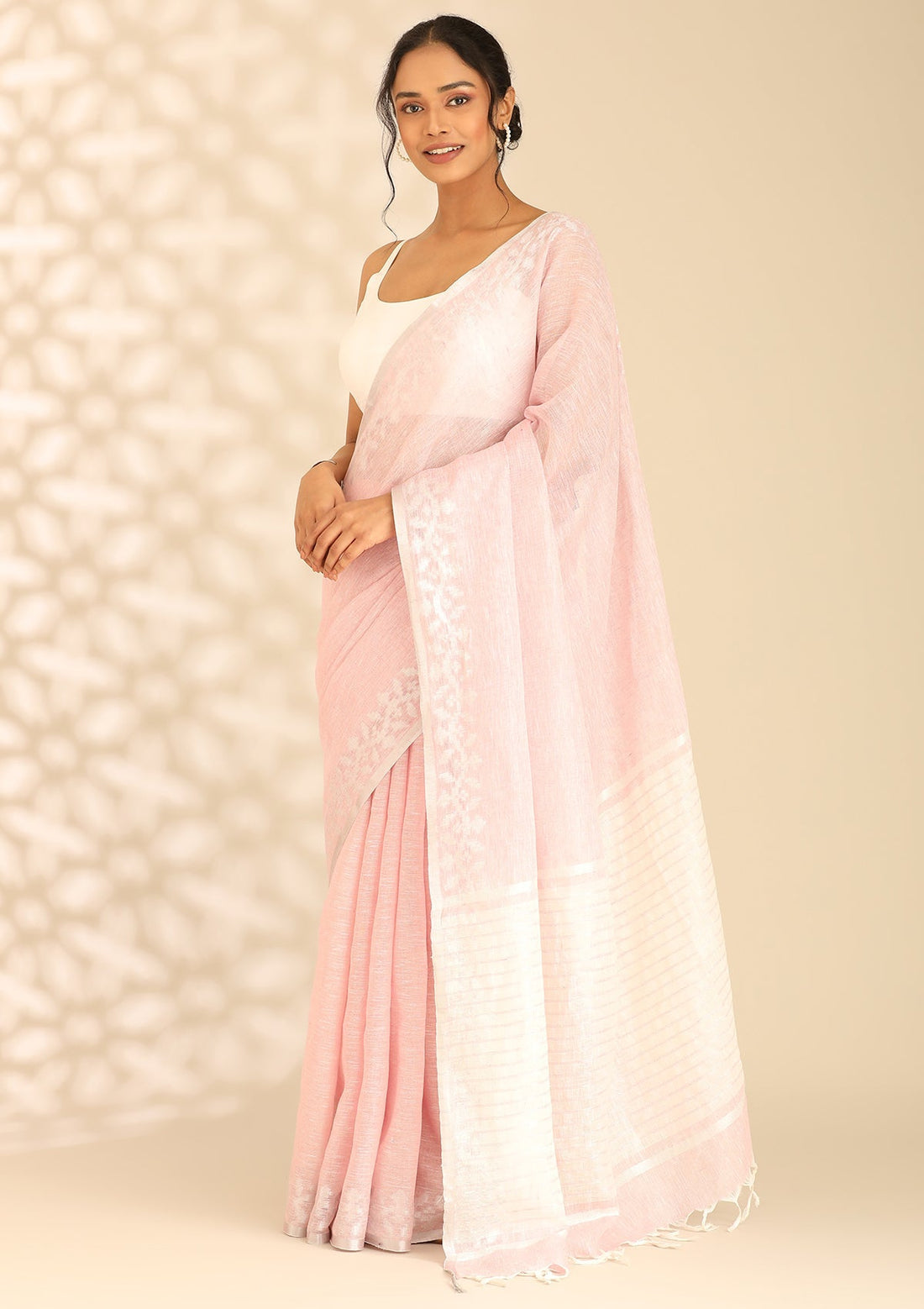 Pastel Pink Linen Woven Saree