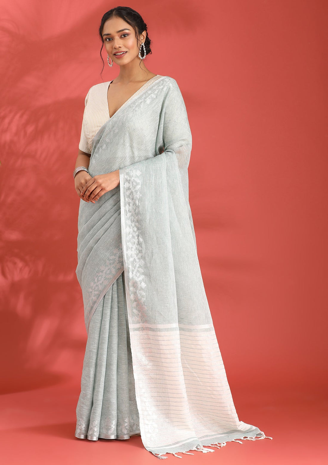 Light Teal Linen Woven Saree