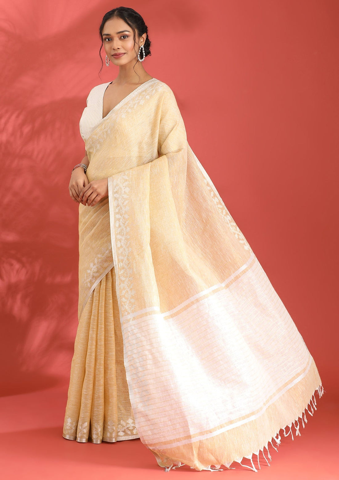 Dusty Yellow Linen Woven Saree