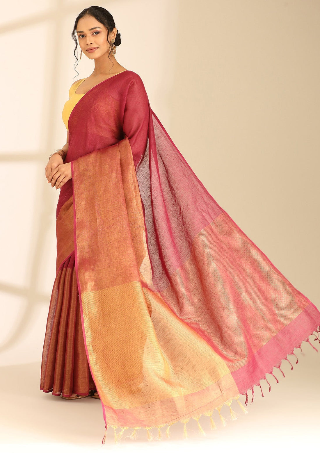 Magenta Linen Woven Saree