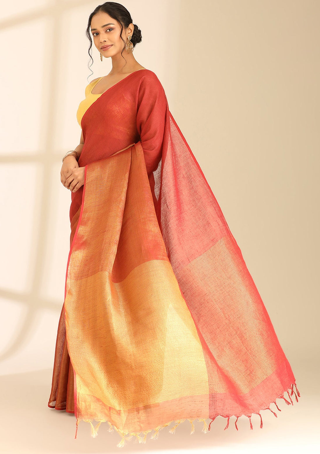 Red Linen Woven Saree