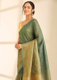 Forest Green Linen Woven Saree