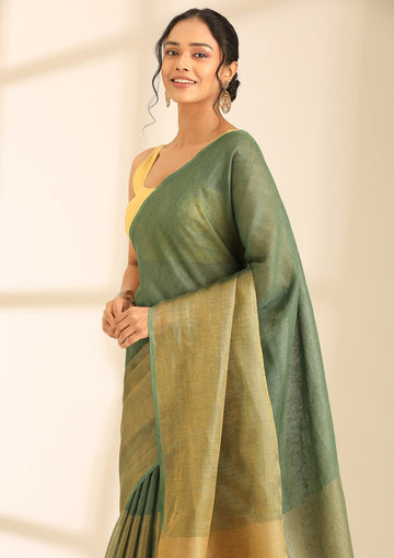 Forest Green Linen Woven Saree