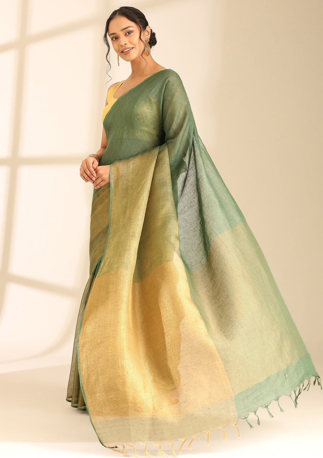 Forest Green Linen Woven Saree