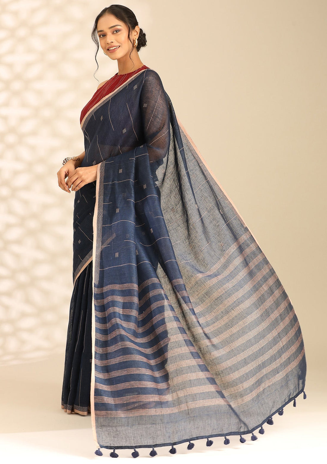 Navy Blue Linen Woven Saree