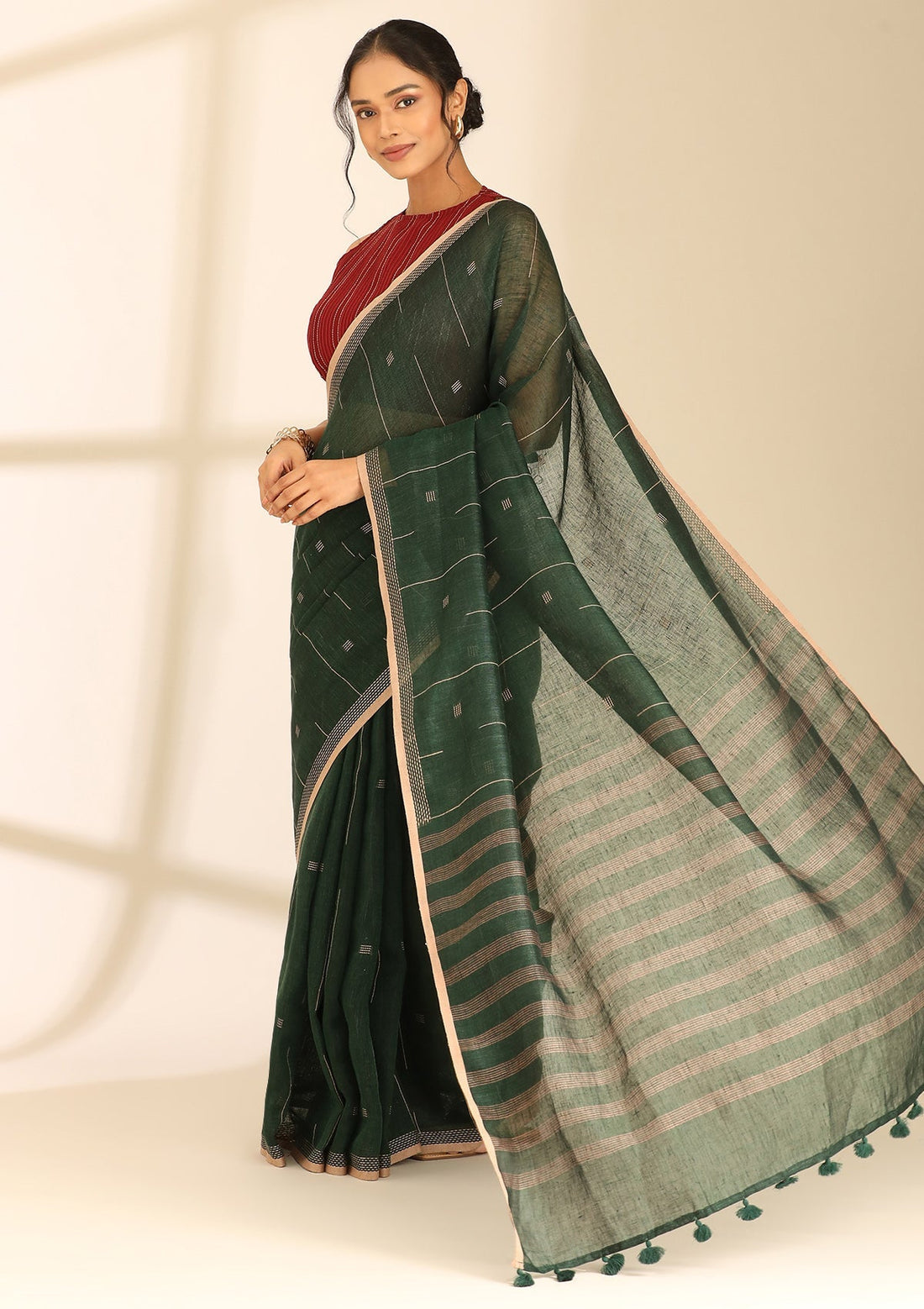Forest Green Linen Woven Saree