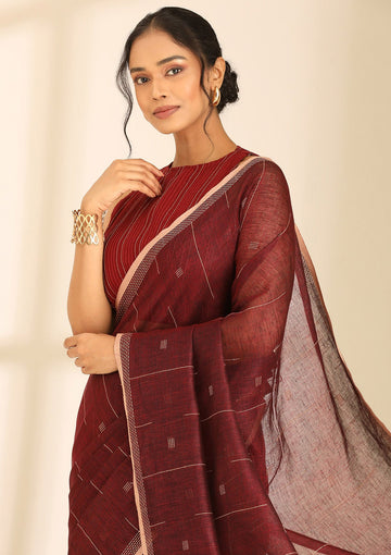 Maroon Linen Woven Saree