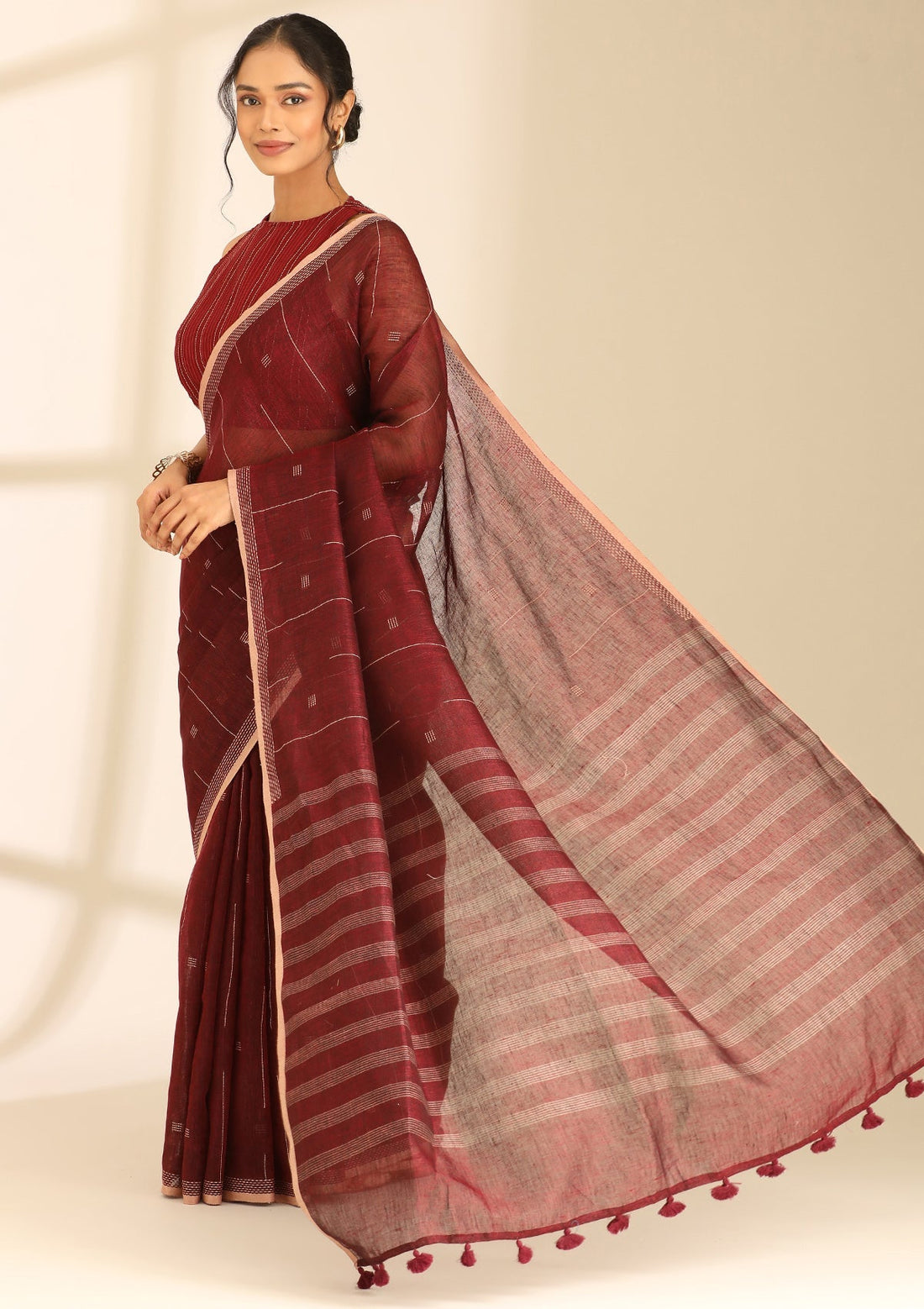 Maroon Linen Woven Saree
