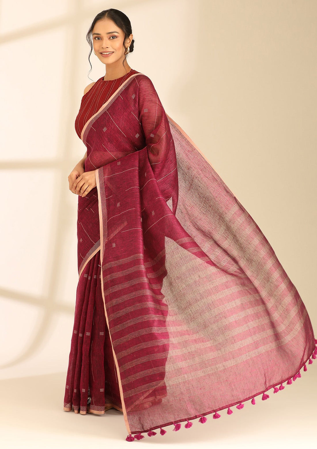Magenta Linen Woven Saree