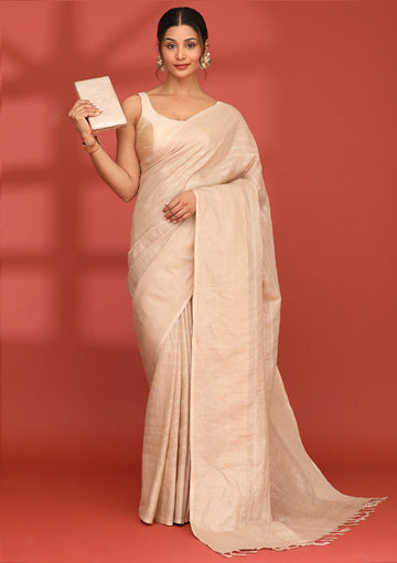 Beige Linen Woven Saree