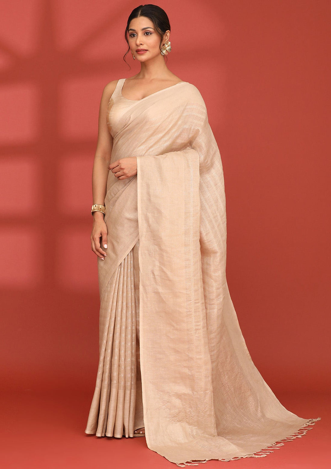 Beige Linen Woven Saree
